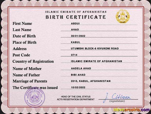 Afghanistan vital record birth certificate